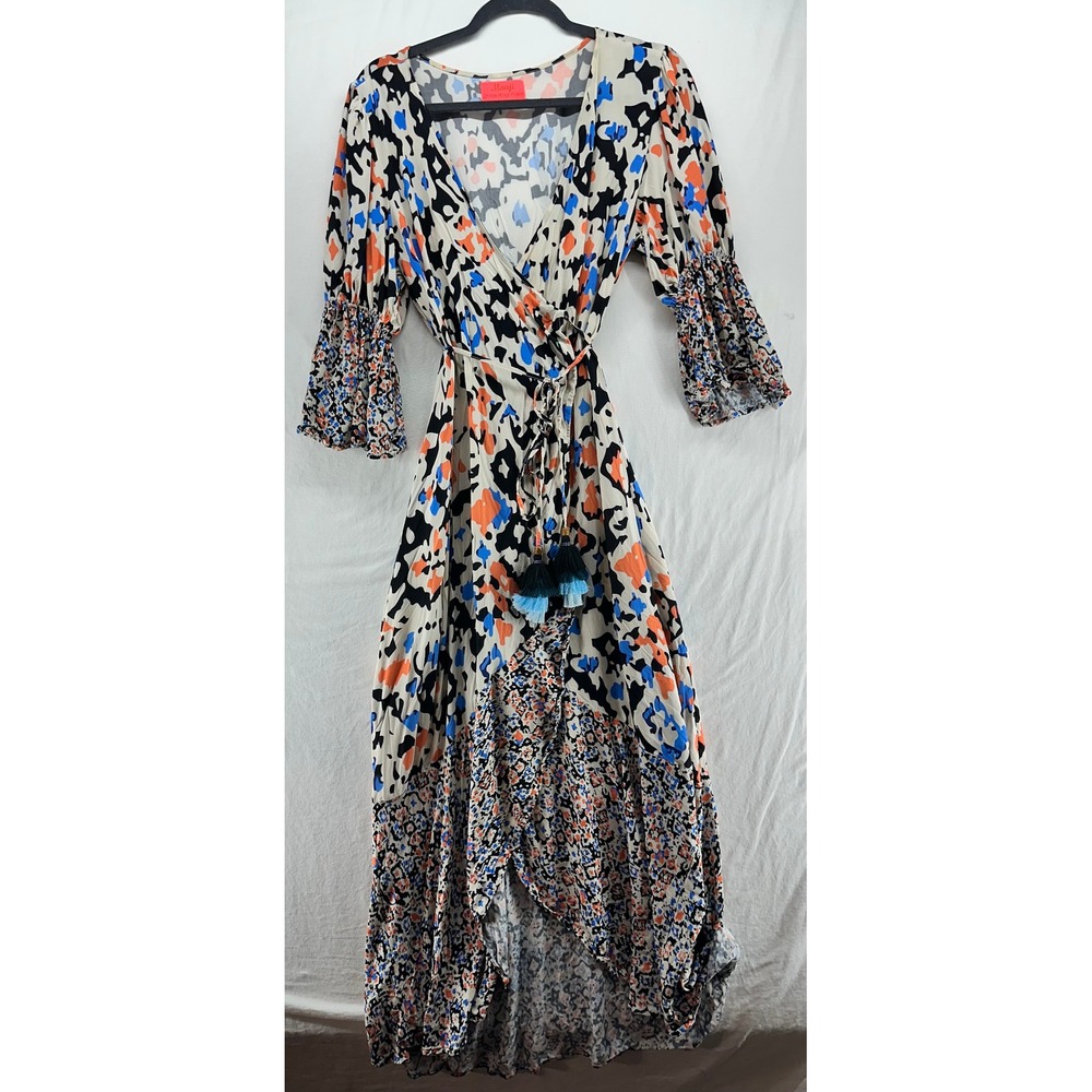 Maaji Women Mixed Print Wrap Maxi Dress Orange Blue Boho High Low Tassel M‎ FLAW